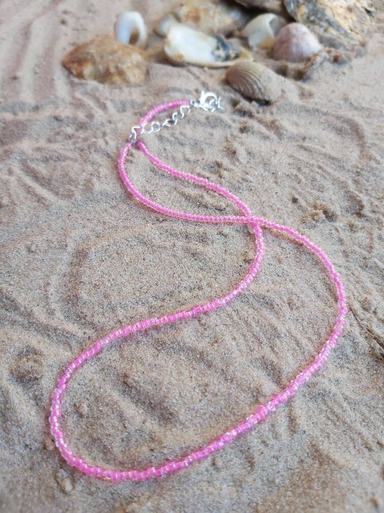 Dainty seed bead necklace. Adjustable Boho, hippy, festival, surfer, beach wear, Glass Beads, Summer beads