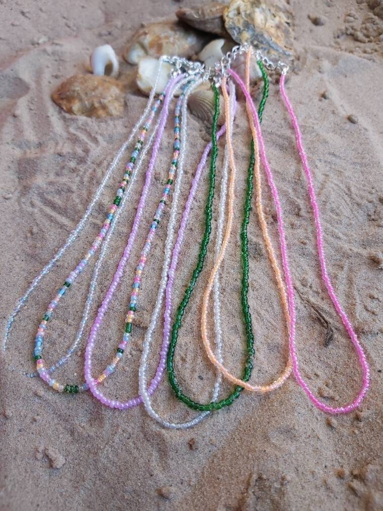 Dainty seed bead necklace. Adjustable Boho, hippy, festival, surfer, beach wear, Glass Beads, Summer beads