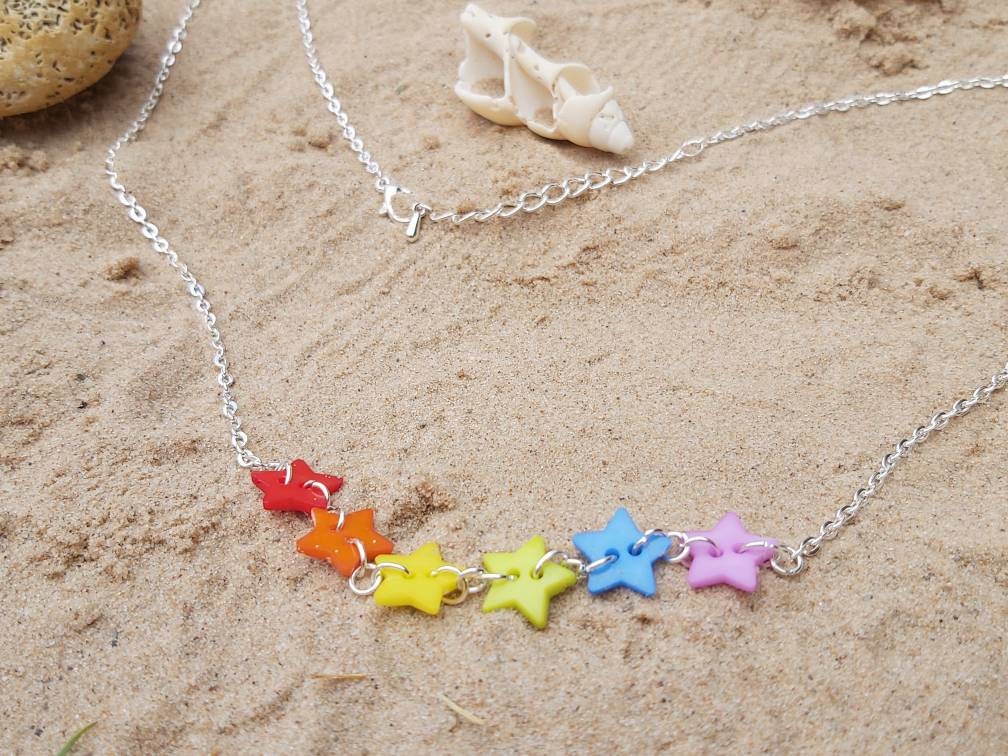 Kawaii , harajuku Rainbow star button necklace with silver plated adjustable chain.