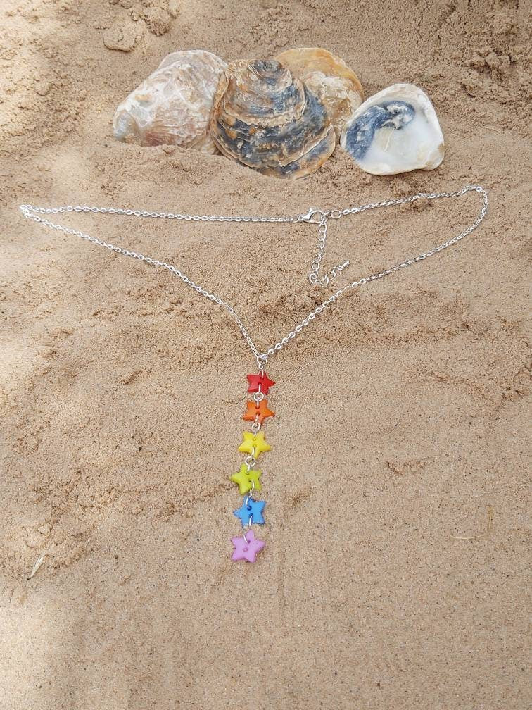 Kawaii, harajuku Rainbow star button dangle necklace with silver plated adjustable chain.