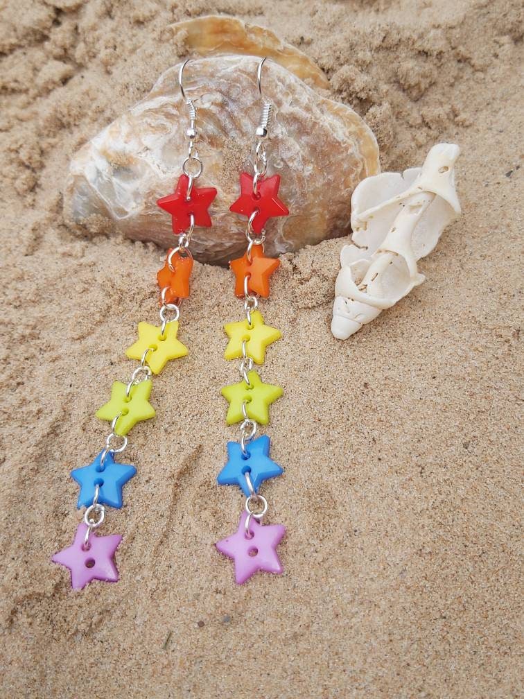 Rainbow star button necklace and matching earrings with silver plated adjustable chain. Harajuku kawaii