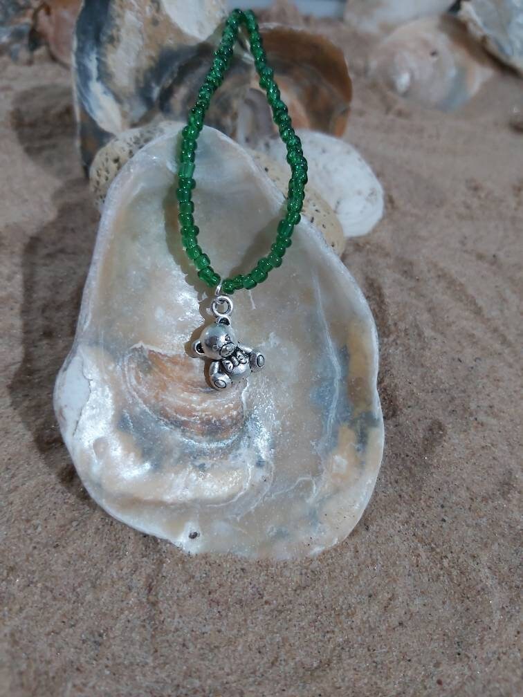 Baby teddy bear charm on a dainty seed bead anklet. Baby shower gift.