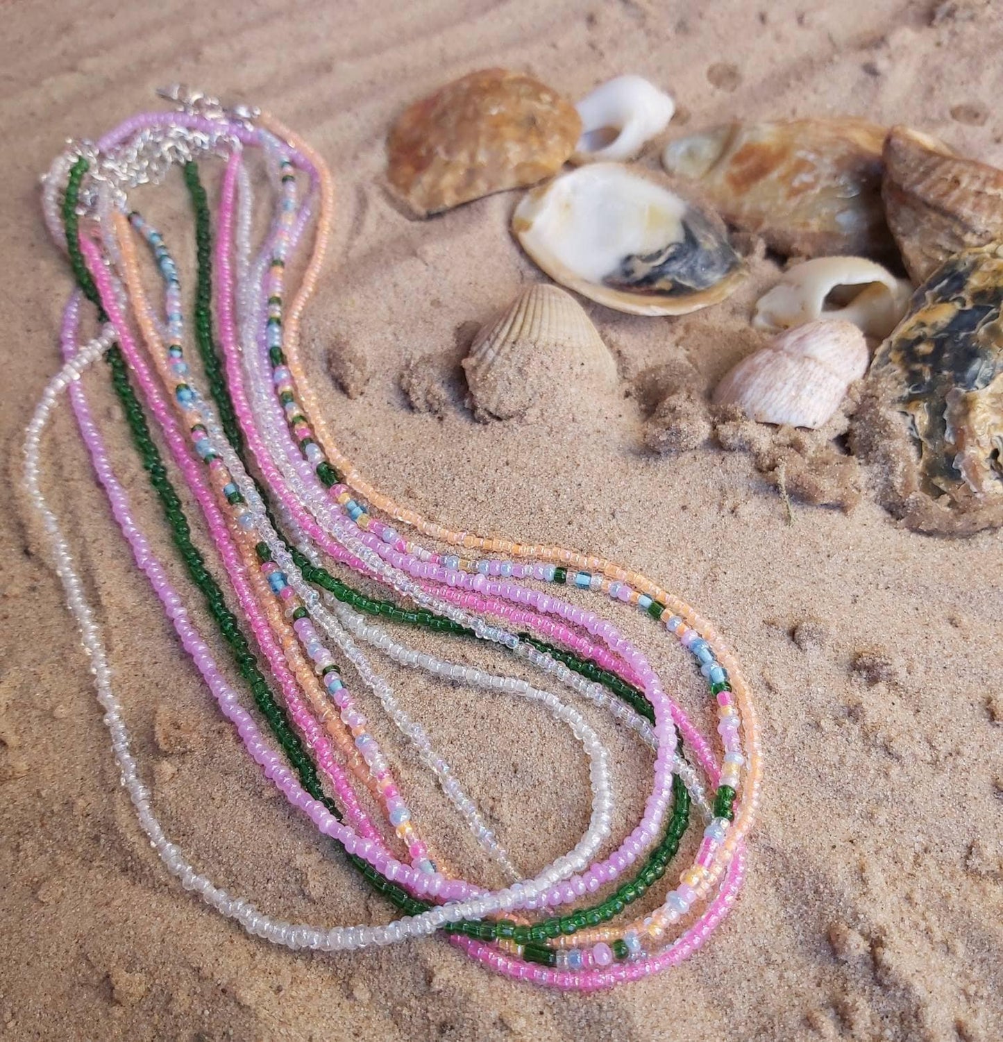 Dainty seed bead necklace. Adjustable Boho, hippy, festival, surfer, beach wear, Glass Beads, Summer beads