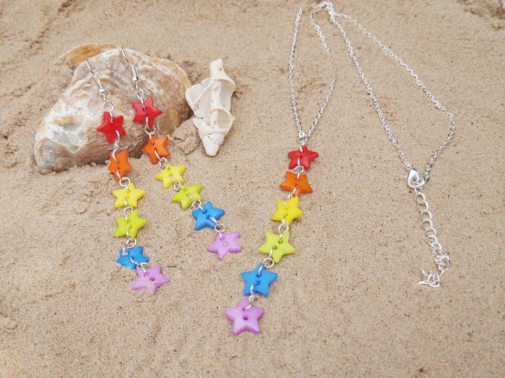 Rainbow star button dangle necklace and matching earrings with silver plated adjustable chain. Harajuku kawaii