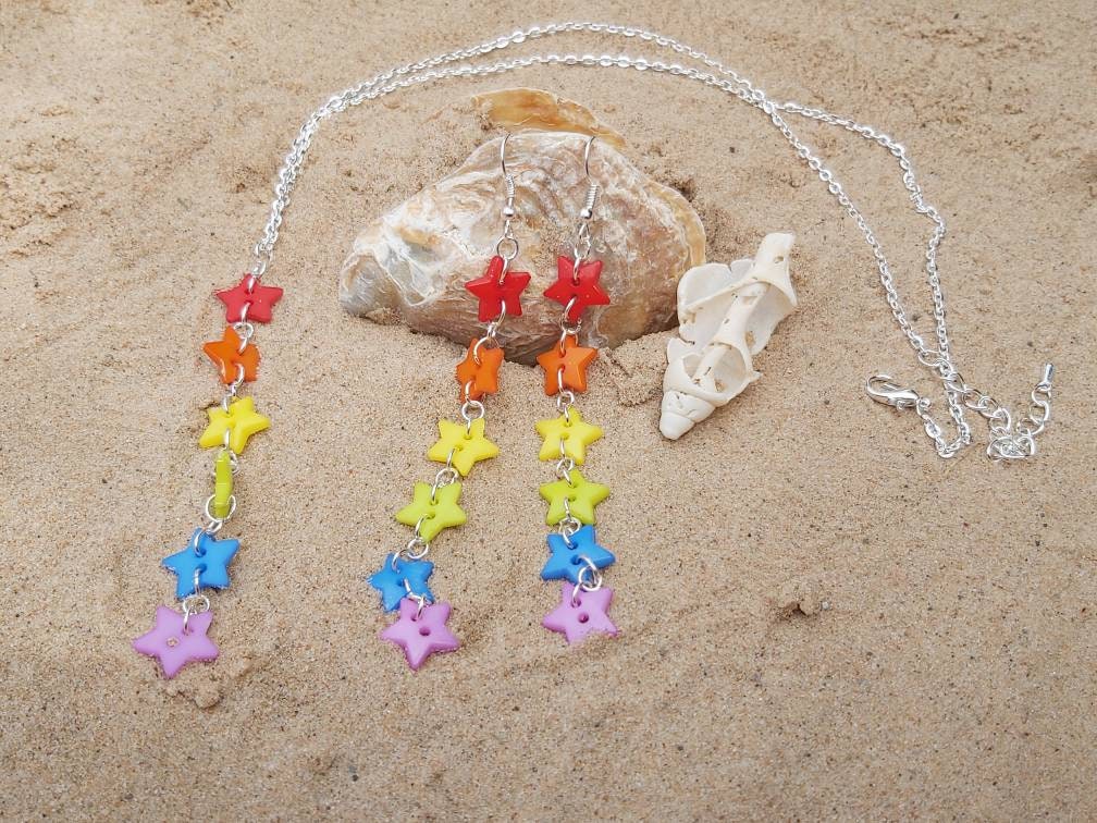 Rainbow star button dangle necklace and matching earrings with silver plated adjustable chain. Harajuku kawaii