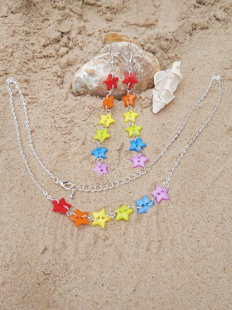 Rainbow star button necklace and matching earrings with silver plated adjustable chain. Harajuku kawaii