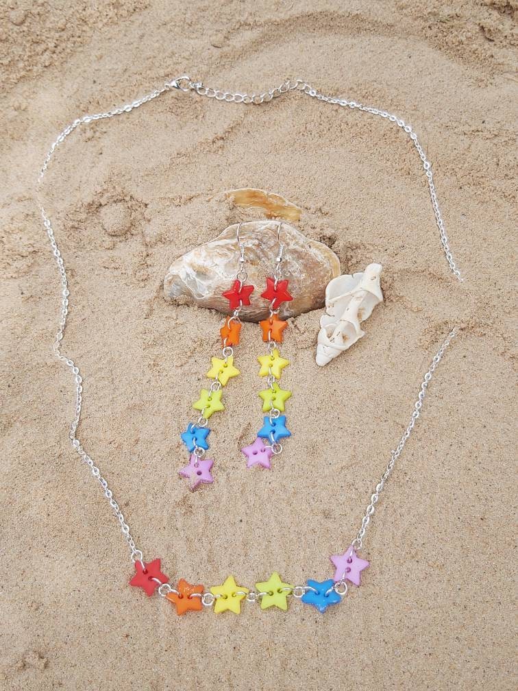Rainbow star button necklace and matching earrings with silver plated adjustable chain. Harajuku kawaii