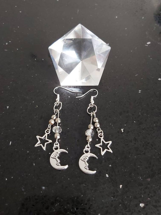 Moon and star celestial silver plated dangle drop earrings