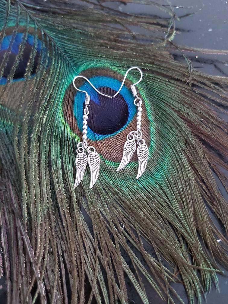Tibetan Silver angel wing dangle drop earrings.