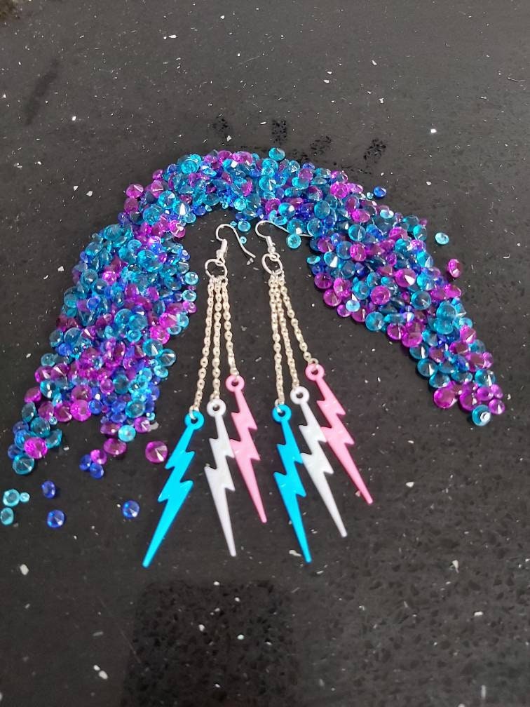 Transgender earrings Pink, white and blue .Triple drop Lightning bolt.