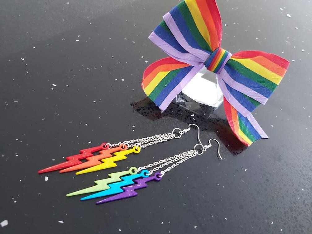 Rainbow Lightning bolt earrings. Gay / Queer pride flag colours. Red, orange, yellow, green ,blue and purple .