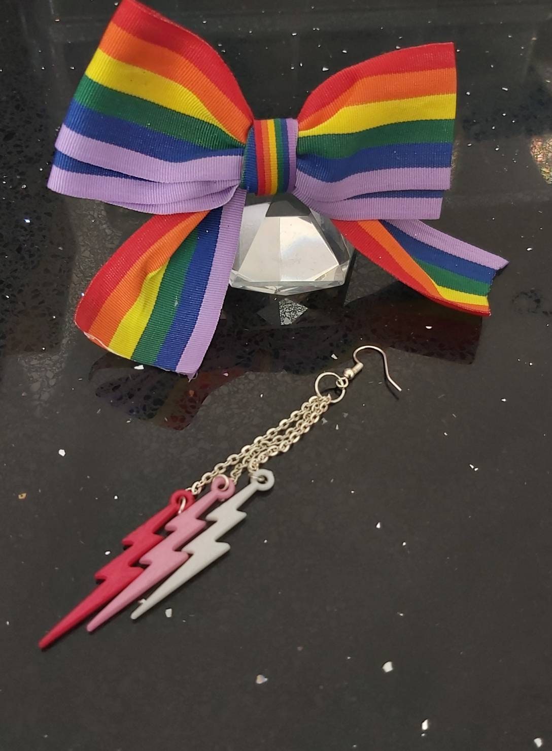 Lesbian earrings Triple Lightning Bolts. Dark pink, light pink and white .