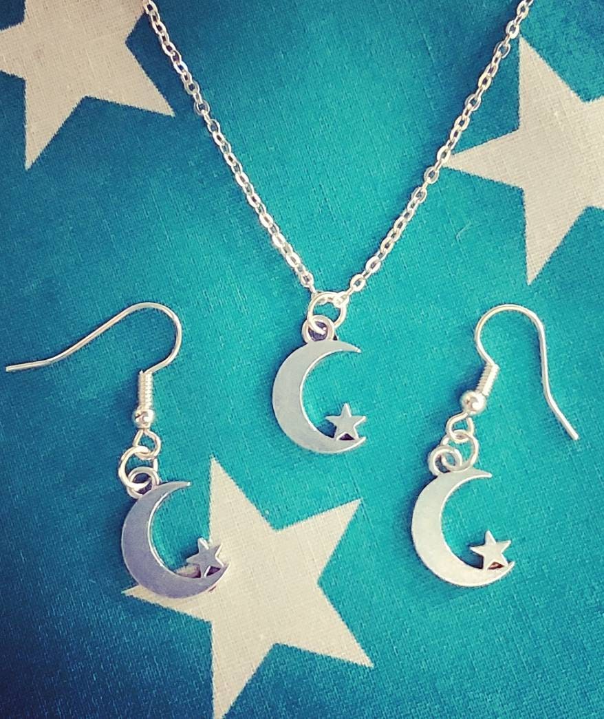 moon and star necklace and earrings.