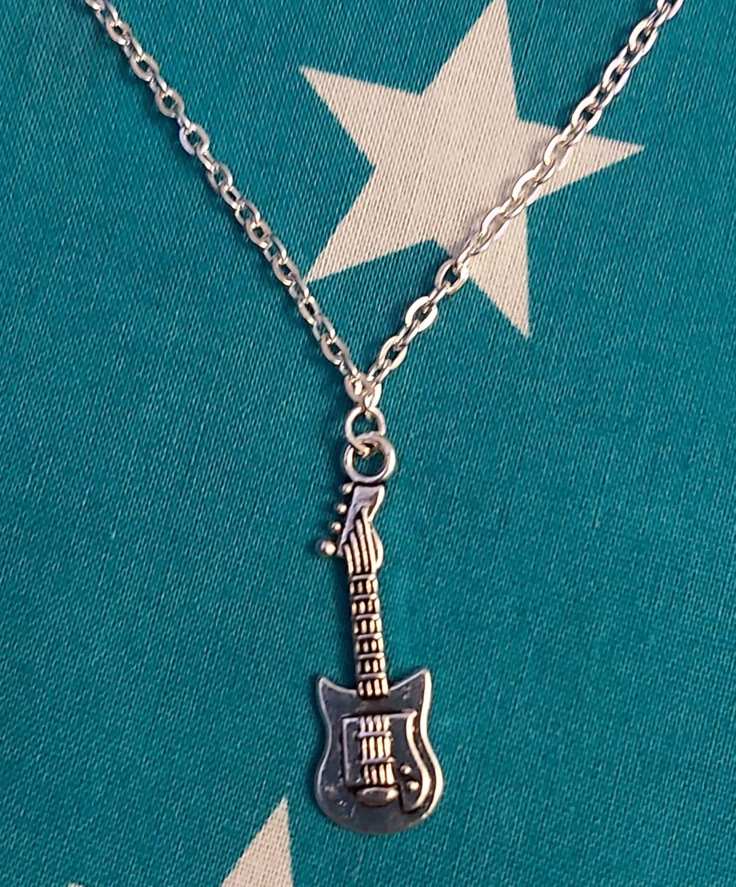 Guitar Charm Necklace and Earring Set. Tibetan Silver