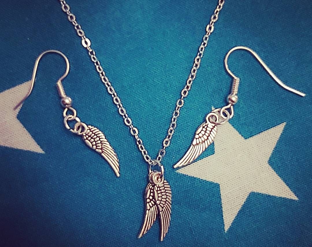 Angel wings necklace and earrings.