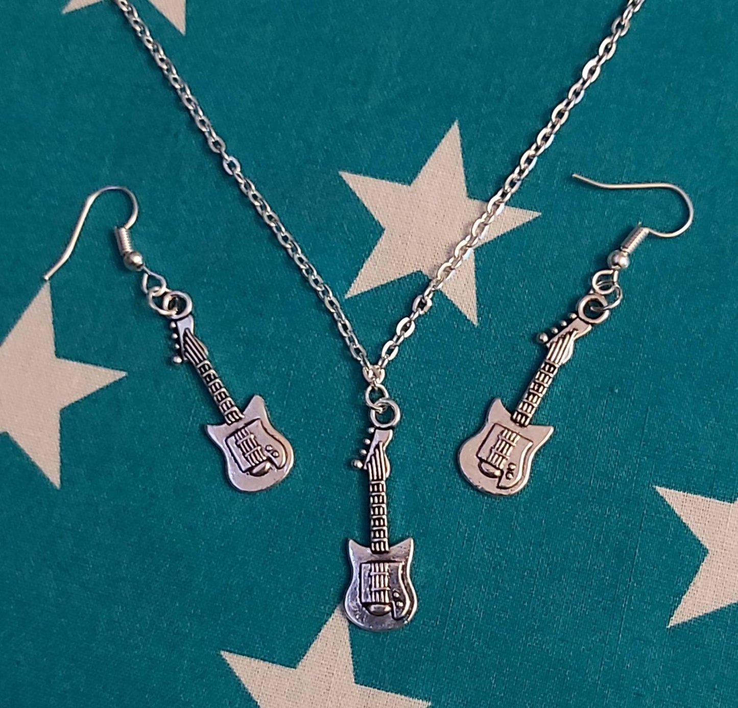 Guitar Charm Necklace and Earring Set. Tibetan Silver