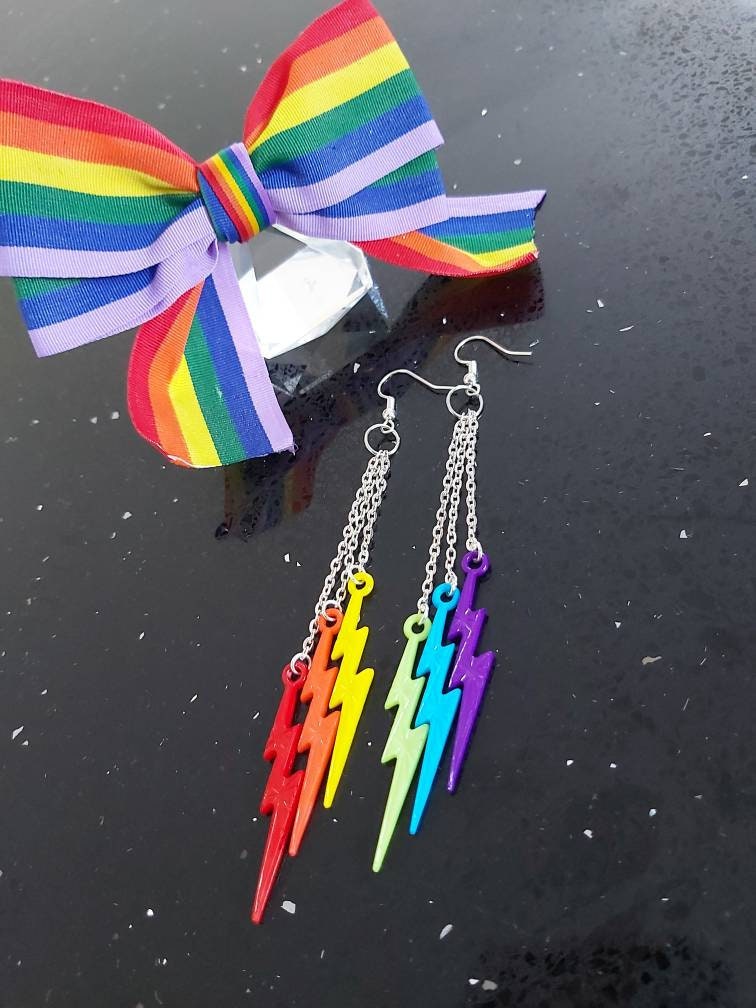 Rainbow Lightning bolt earrings. Gay / Queer pride flag colours. Red, orange, yellow, green ,blue and purple .