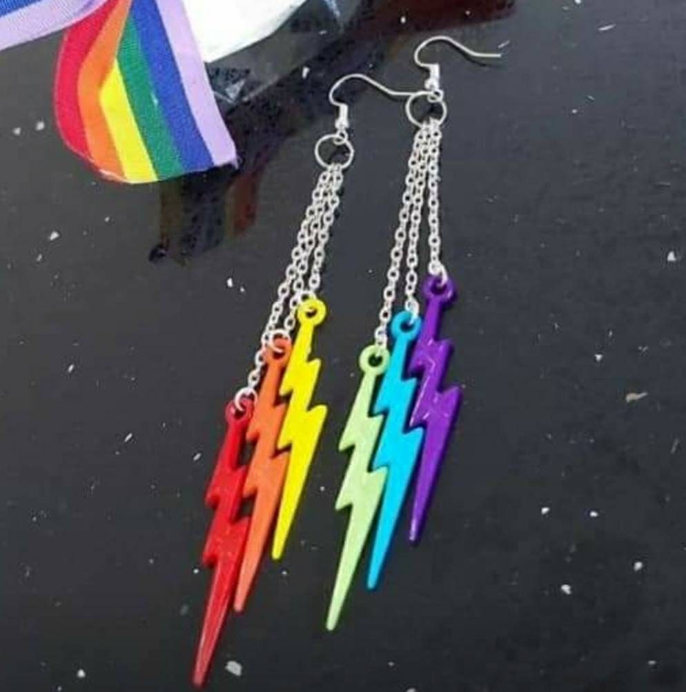 Rainbow Lightning bolt earrings. Gay / Queer pride flag colours. Red, orange, yellow, green ,blue and purple .