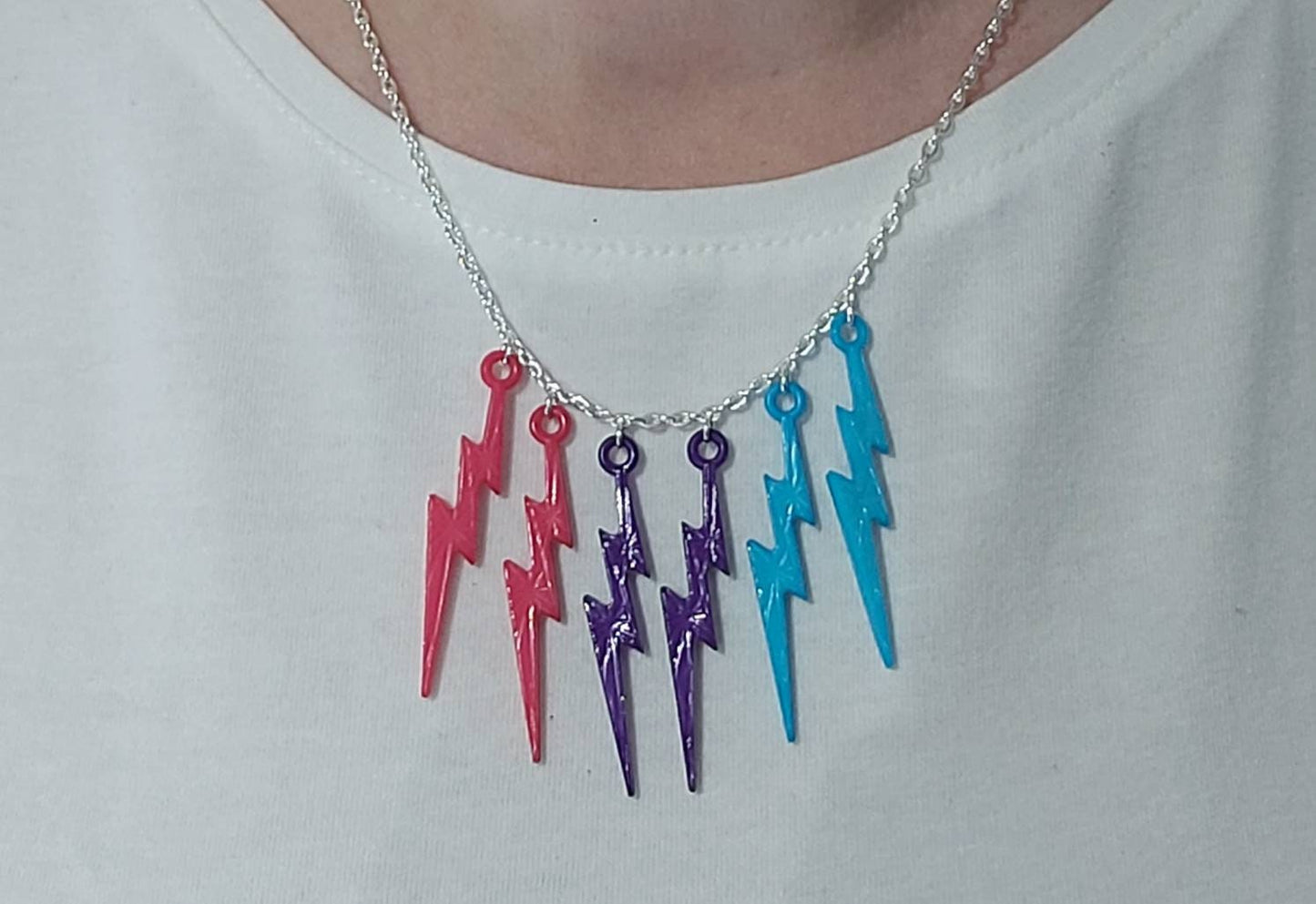 Lightning bolt earrings. Pink, purple and blue .triple drop