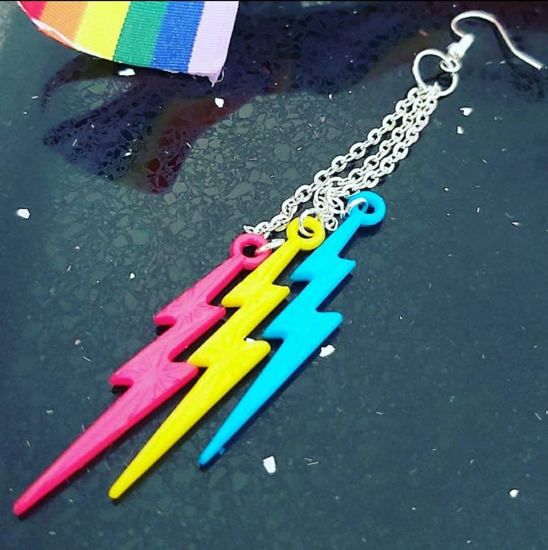Pansexual earrings ,pride flag colours. Pink, yellow and blue .Triple drop Lightning bolt.
