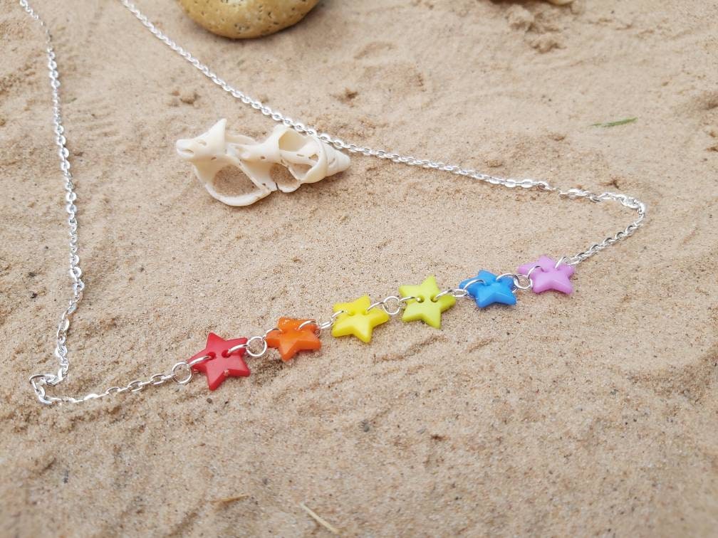 Kawaii , harajuku Rainbow star button necklace with silver plated adjustable chain.