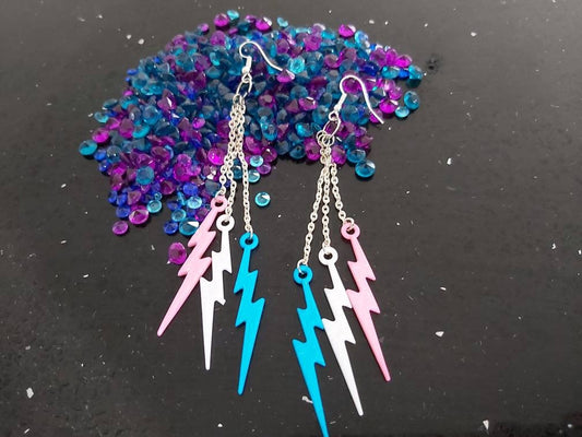 Transgender earrings Pink, white and blue .Triple drop Lightning bolt.