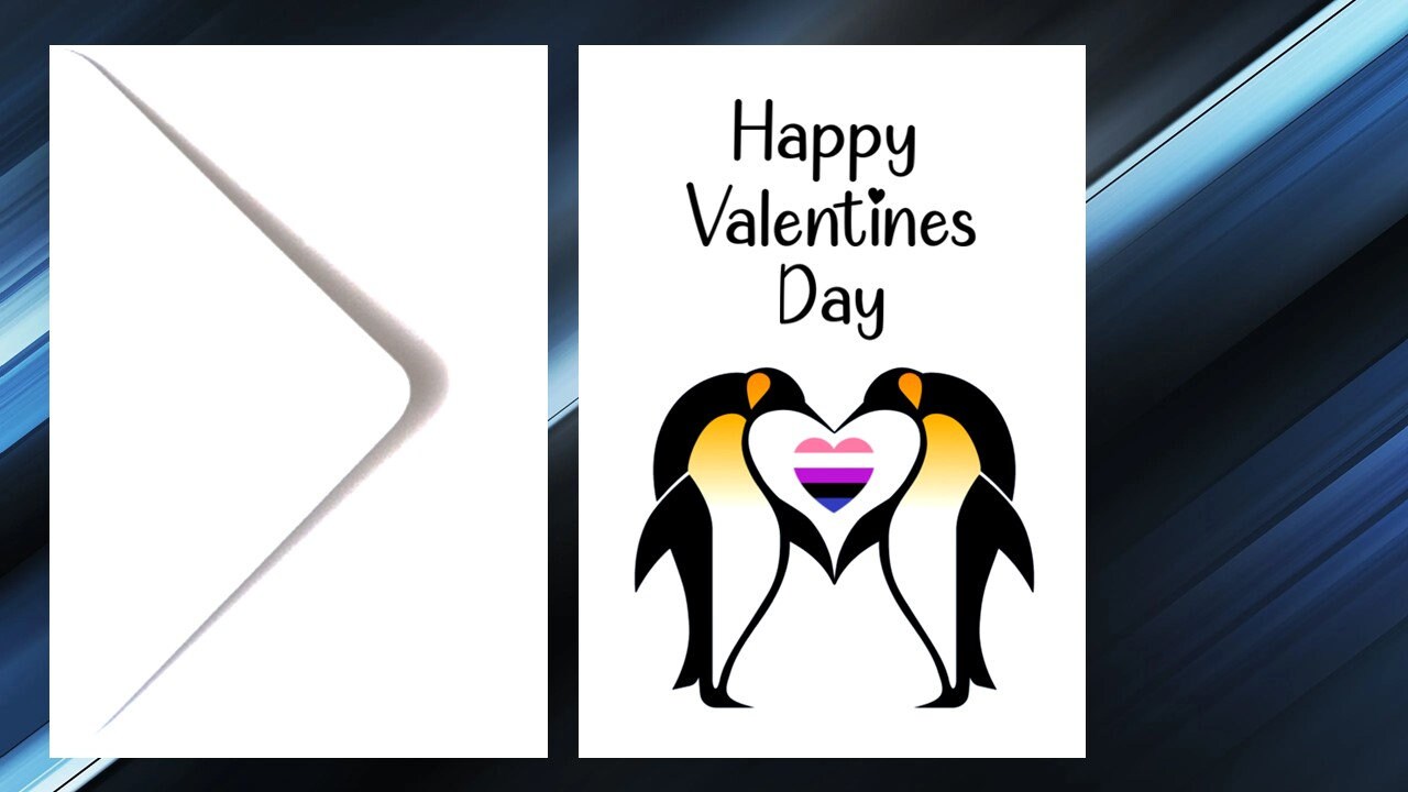 LGBT Penguin Valentines Day Card non binary, genderfluid, lesbian, rainbow, transgender, bisexual, pansexual