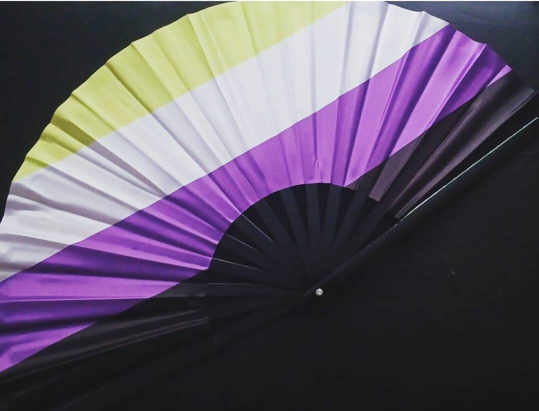 Pride Non Binary Large Loud Clack Folding Fan Bamboo style